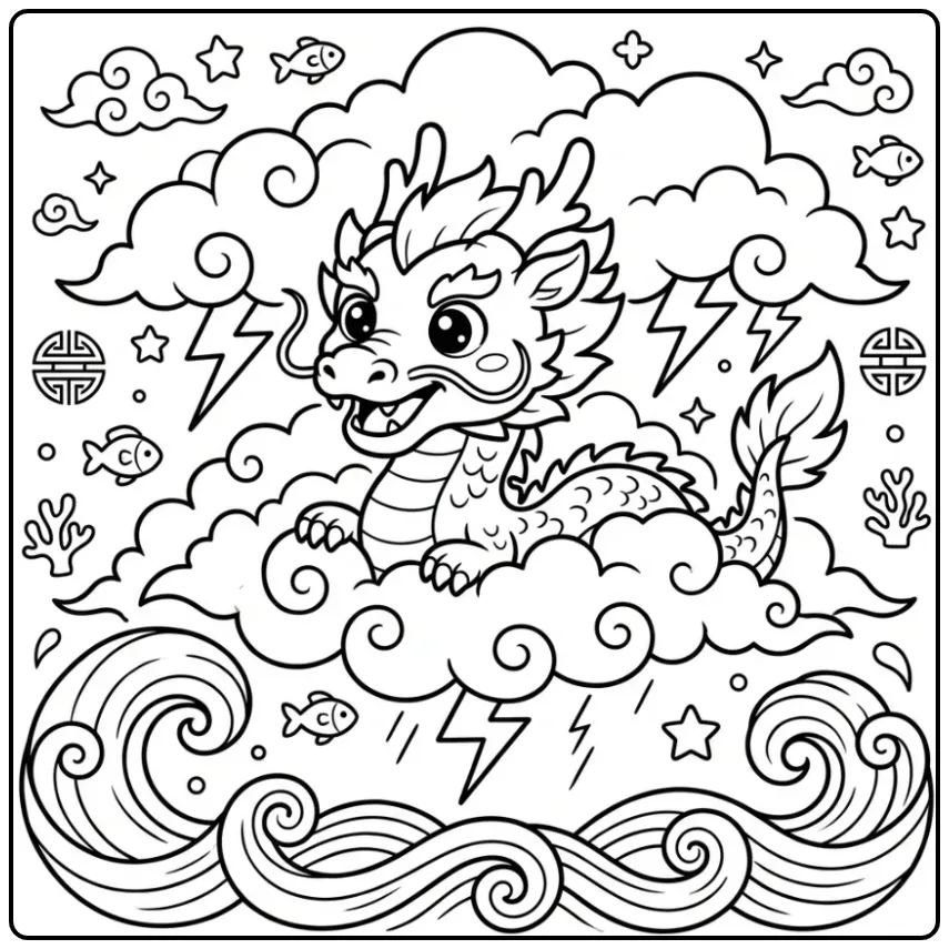 Chinese draak kleurplaat met wolken en golven in zee.