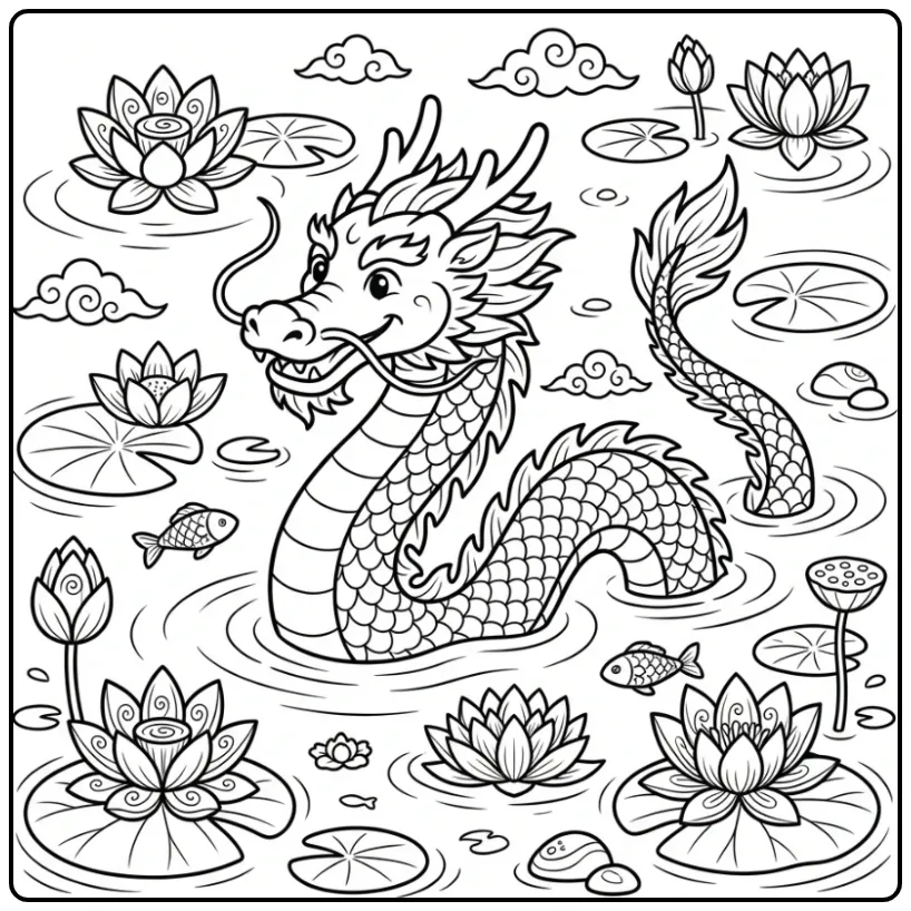 Chinese draak kleurplaat met lotusbloemen printen