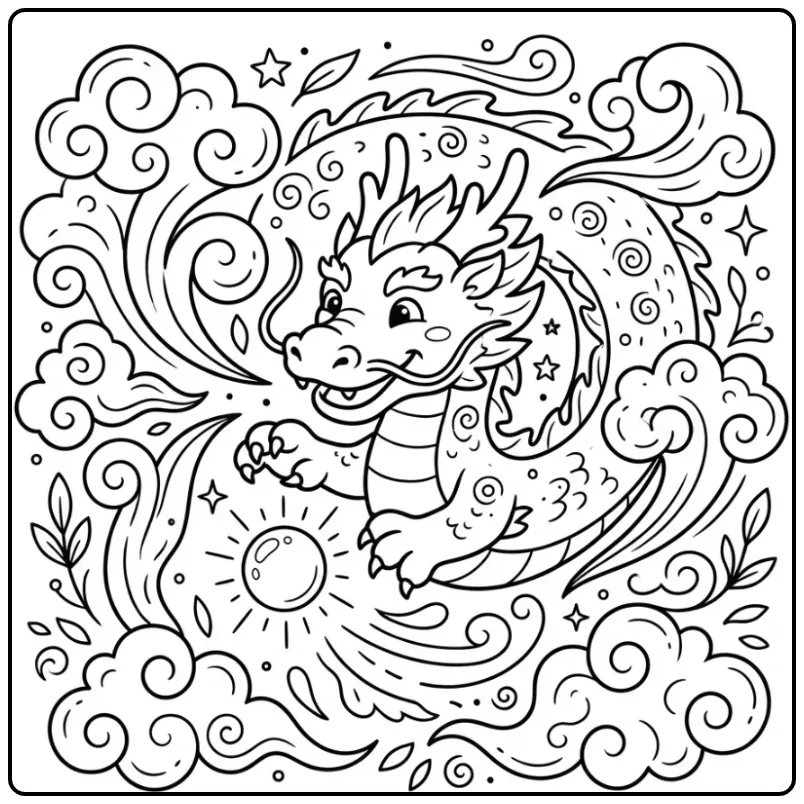 Vrolijke chinese draak kleurplaat in de wolken