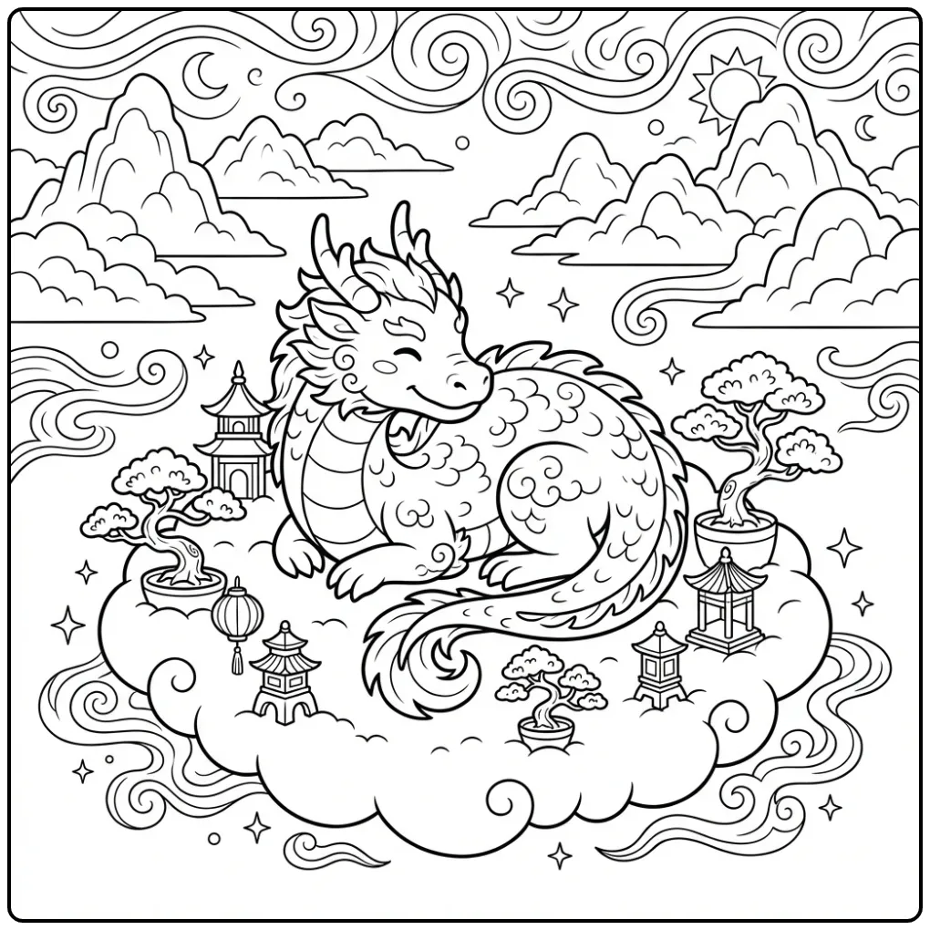 Rustige chinese draak kleurplaat op een zwevende wolk.