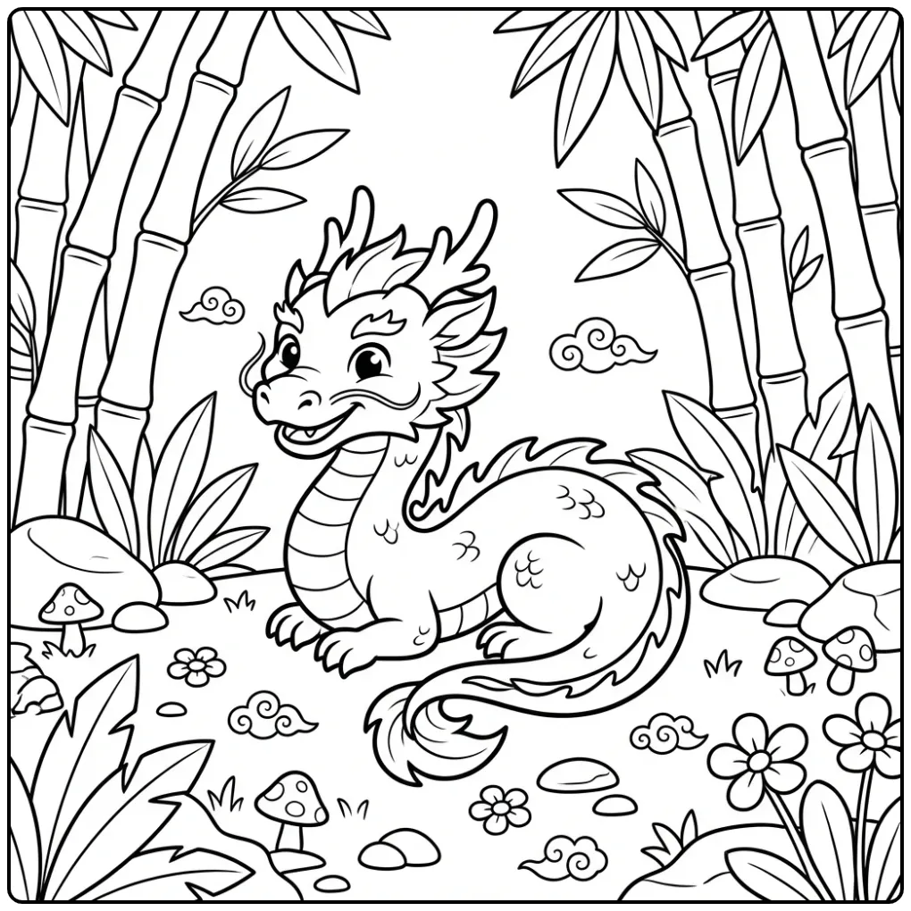 Jonge rustende chinese draak kleurplaat in bamboe.