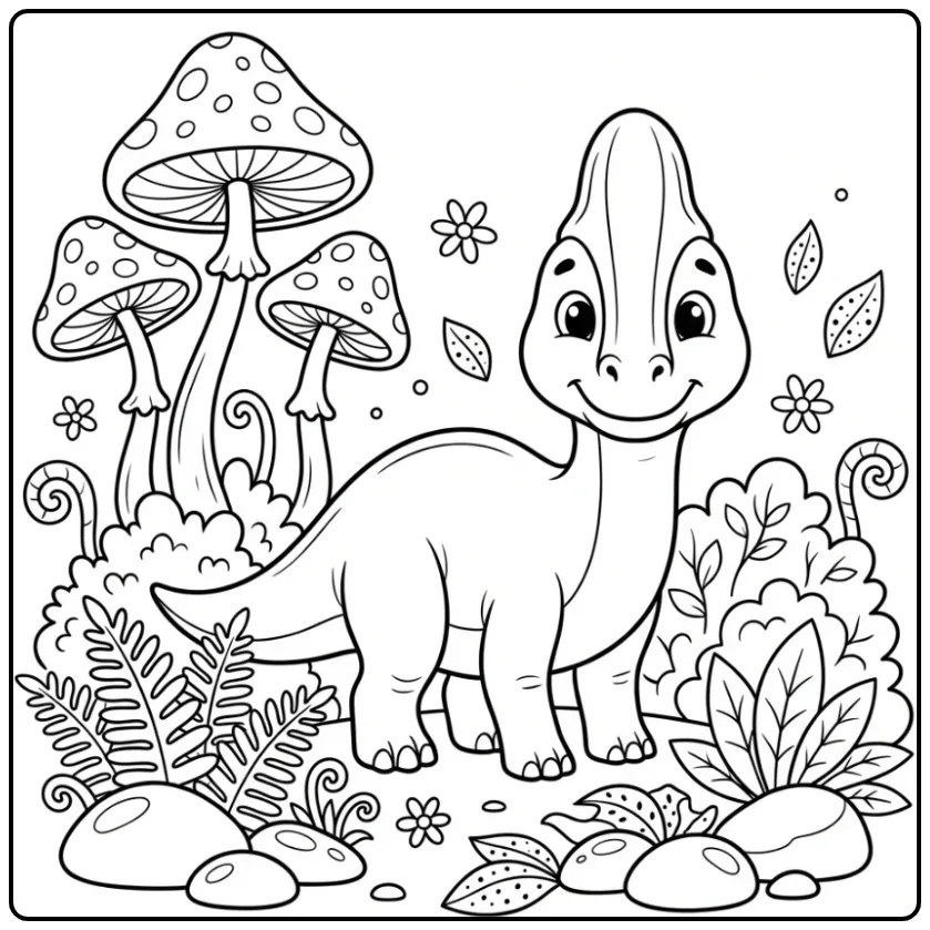 Corythosaurus bij paddenstoelen dino kleurplaat.