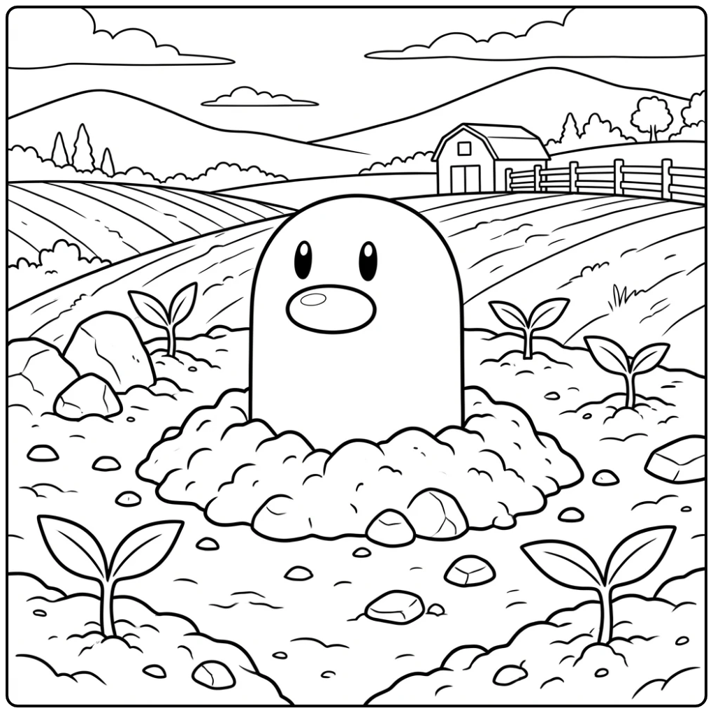 Diglett kleurplaat: Diglett duikt trots op uit de grond.