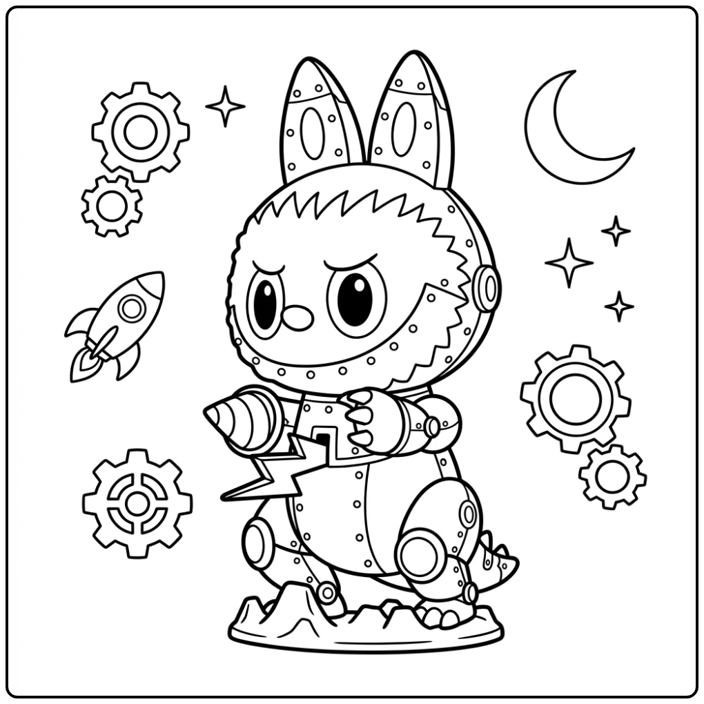 Een leuke Robot Kleurplaat met tandwielen, raket en maan.
