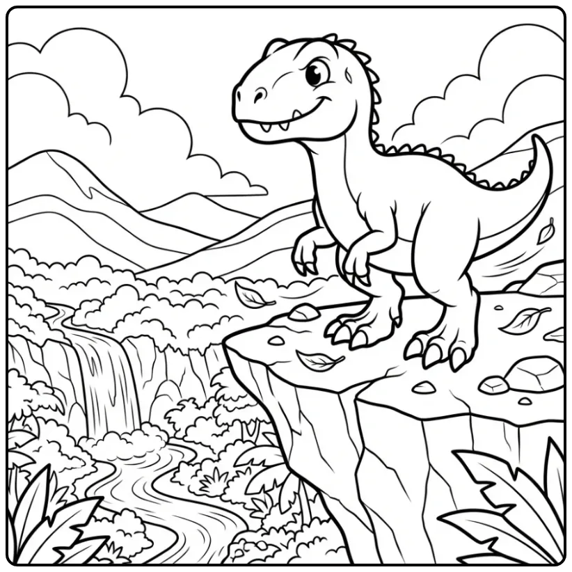 Printbare indominus rex kleurplaat met een jungle uitzicht.