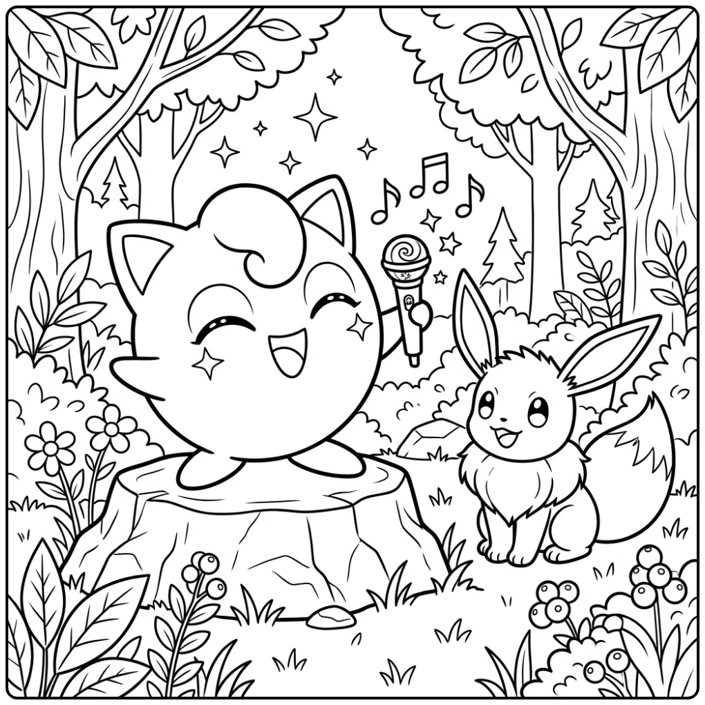 Trots zingende jigglypuff kleurplaat met luisterende Eevee.