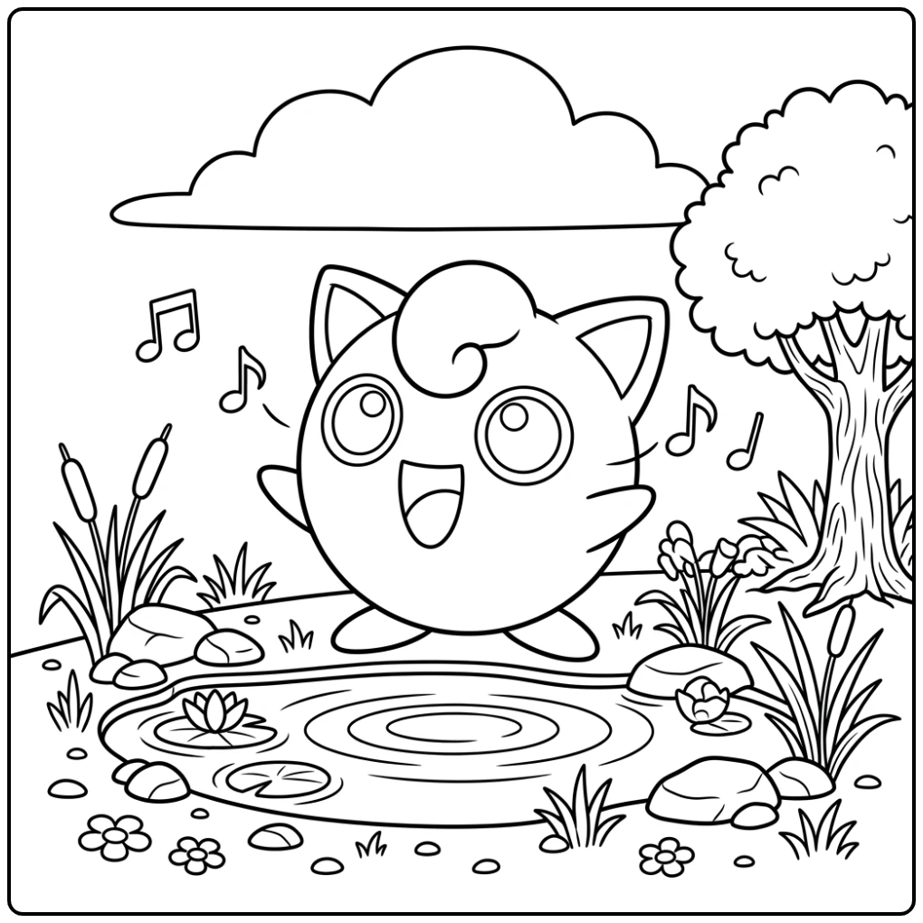 Vrolijke jigglypuff kleurplaat van Jigglypuff die zingt bij een vijver.