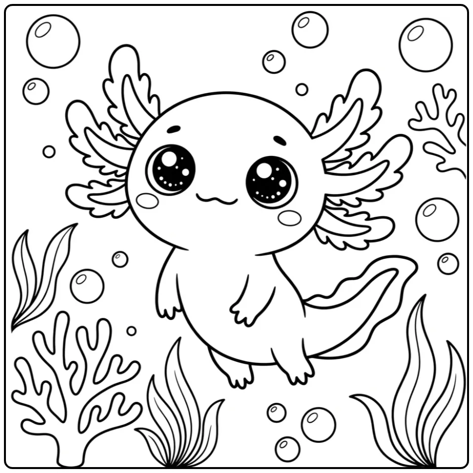 Printbare kawaii axolotl kleurplaat met waterplantjes.