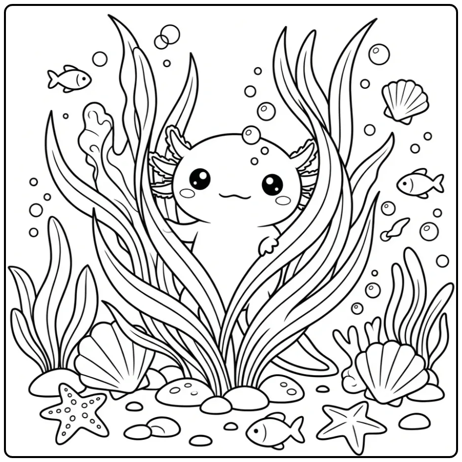 Een speelse kawaii axolotl kleurplaat tussen planten.