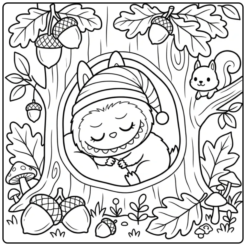 Slapende kawaii labubu kleurplaat in een knusse boom met eikels.