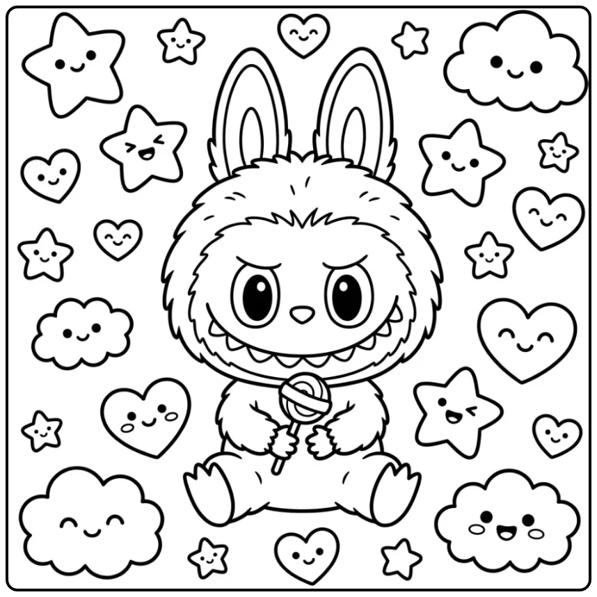 Een vrolijke kawaii labubu kleurplaat met hartjes en wolken