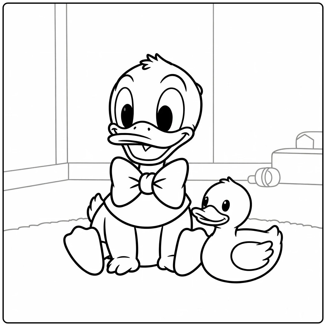 Curieuze kleurplaat donald duck baby met strik en speeltje