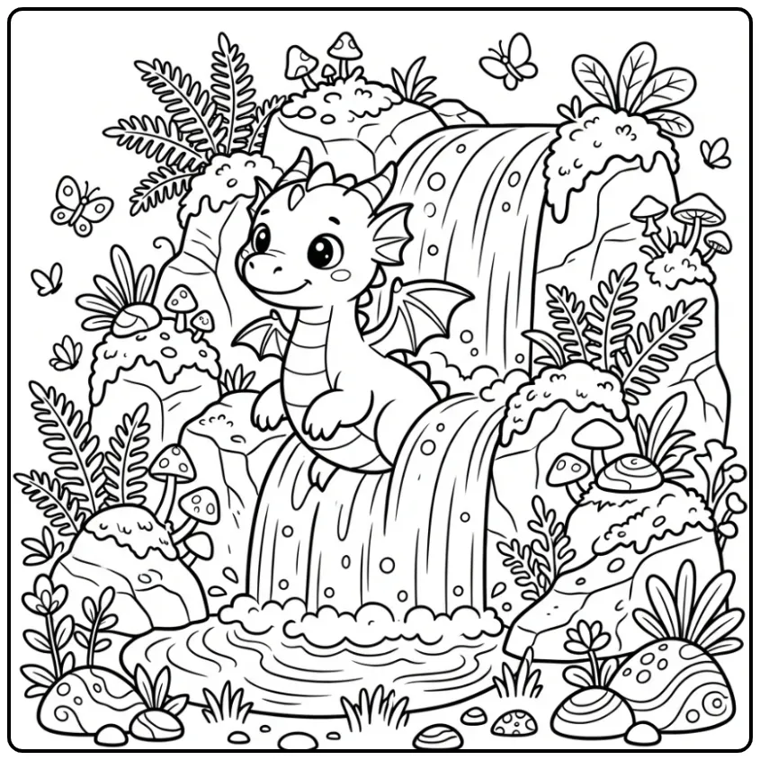 Leuke kleurplaat draak in een verborgen kloof met water.