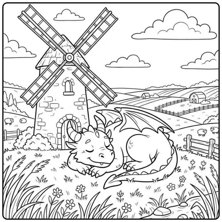 Rustige kleurplaat draak bij een windmolen op een heuvel.