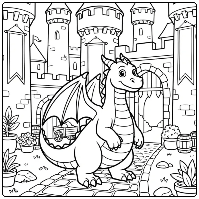 Stoere kleurplaat draak bij een kasteelpoort.