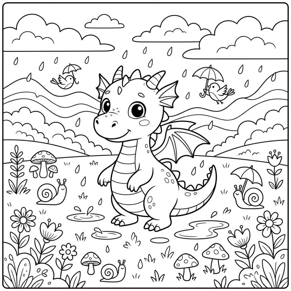 Lieve kleurplaat draak spelend in regenplassen.