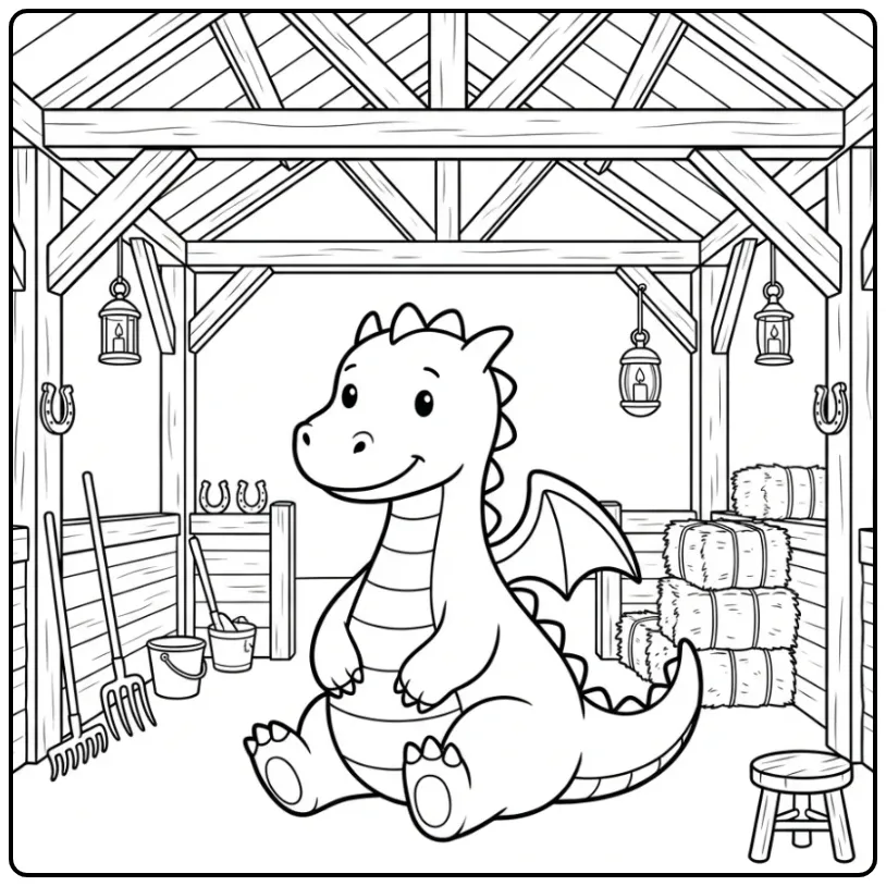 Leuke kleurplaat draak zittend in een schuur met hooibalen.