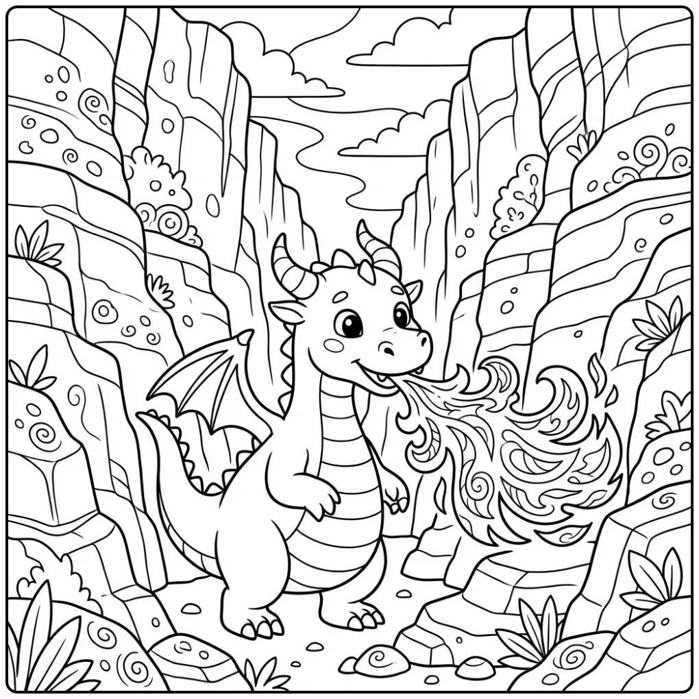 Stoere kleurplaat draak met vuur tussen de rotsen