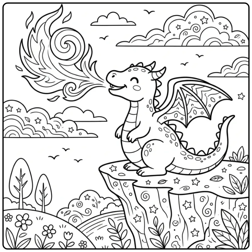 Leuke kleurplaat draak met vuur die vlammen blaast