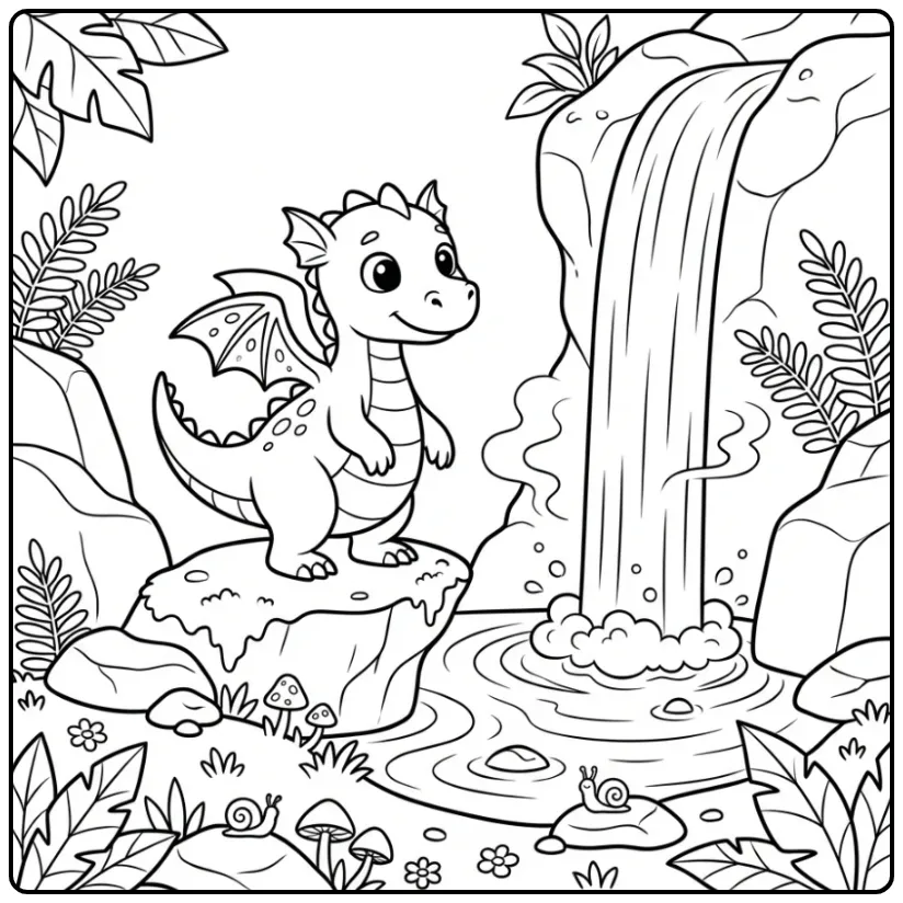 Kleurplaat draak bij een waterval en ronde vijver.