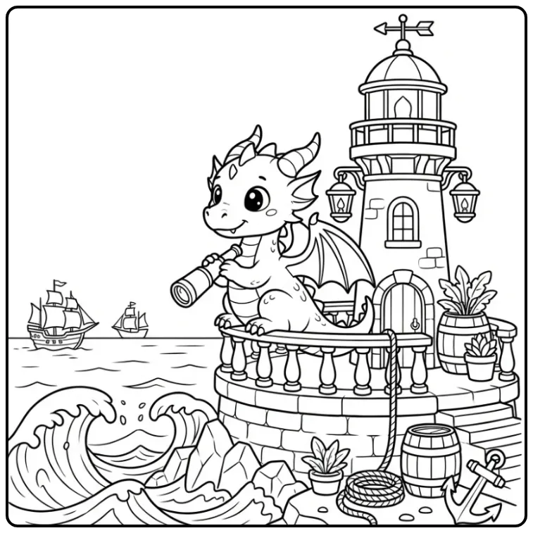 Leuke kleurplaat draak kijkt naar schepen op zee.