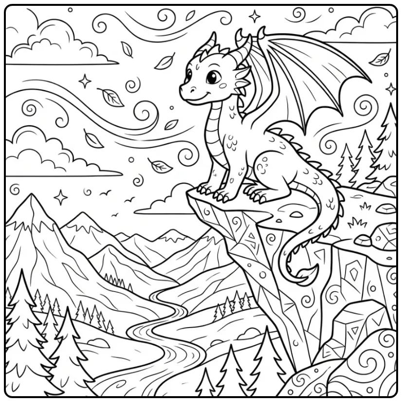 Een jonge kleurplaat draak kijkt over een vallei.