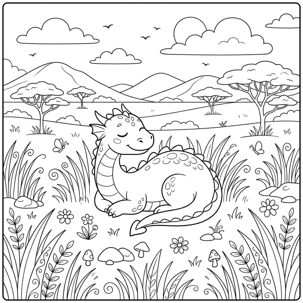 Lieve kleurplaat draak slaapt in het hoge gras