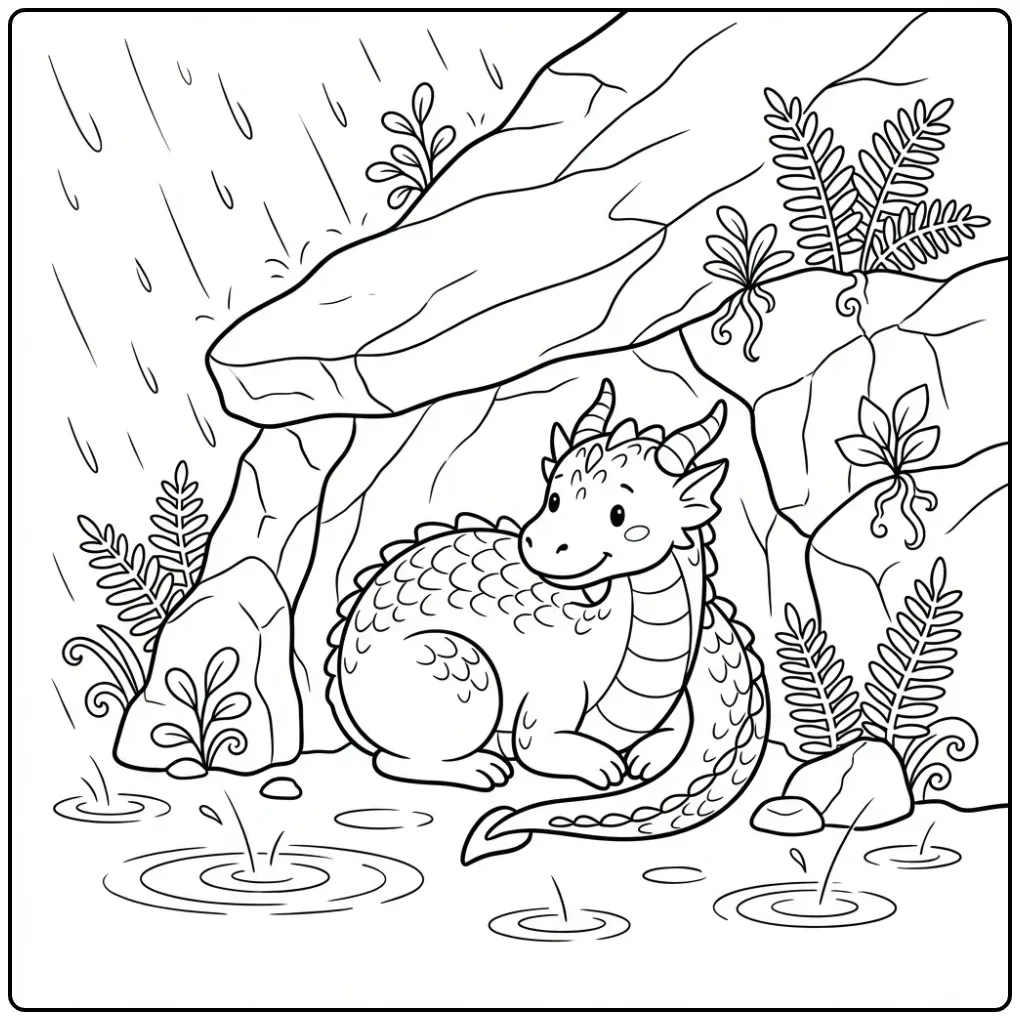 Een kleurplaat draak die schuilt voor de regen onder een rots.