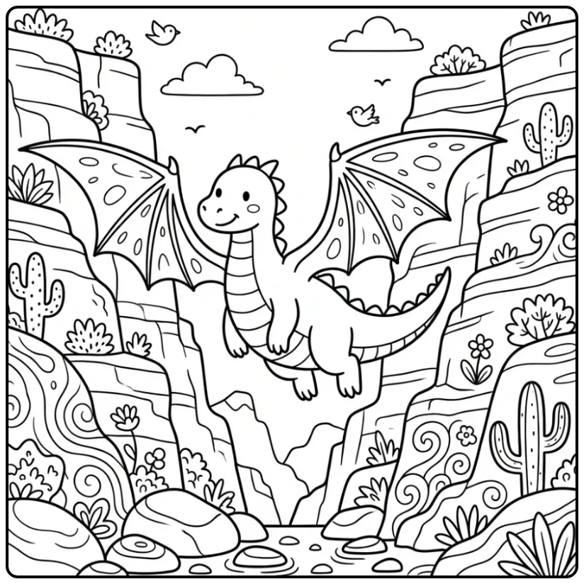 Vrolijke kleurplaat draak tussen rotswanden.