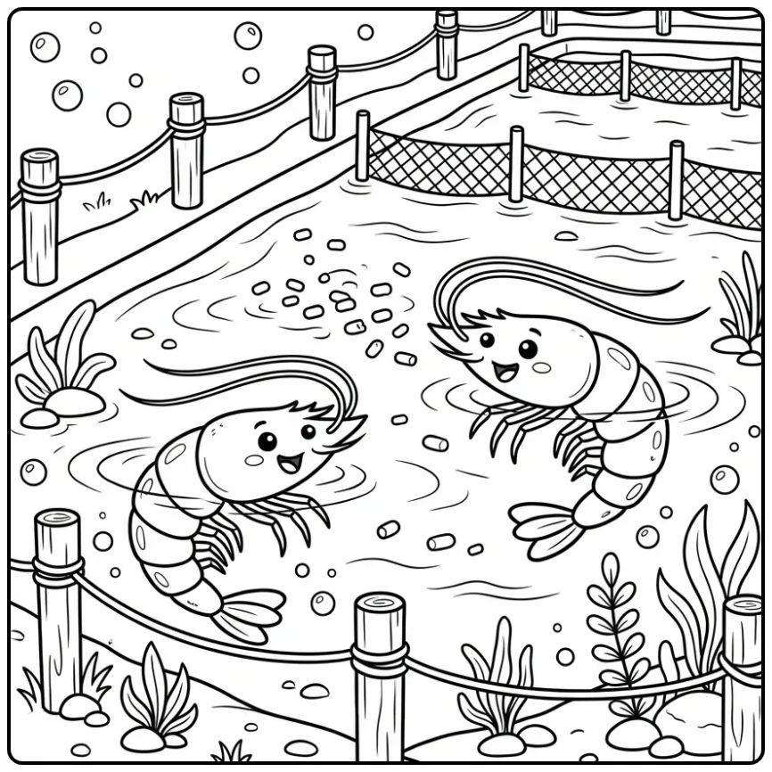 Kleurplaat garnaal met twee zwemmende vriendjes in vijver.