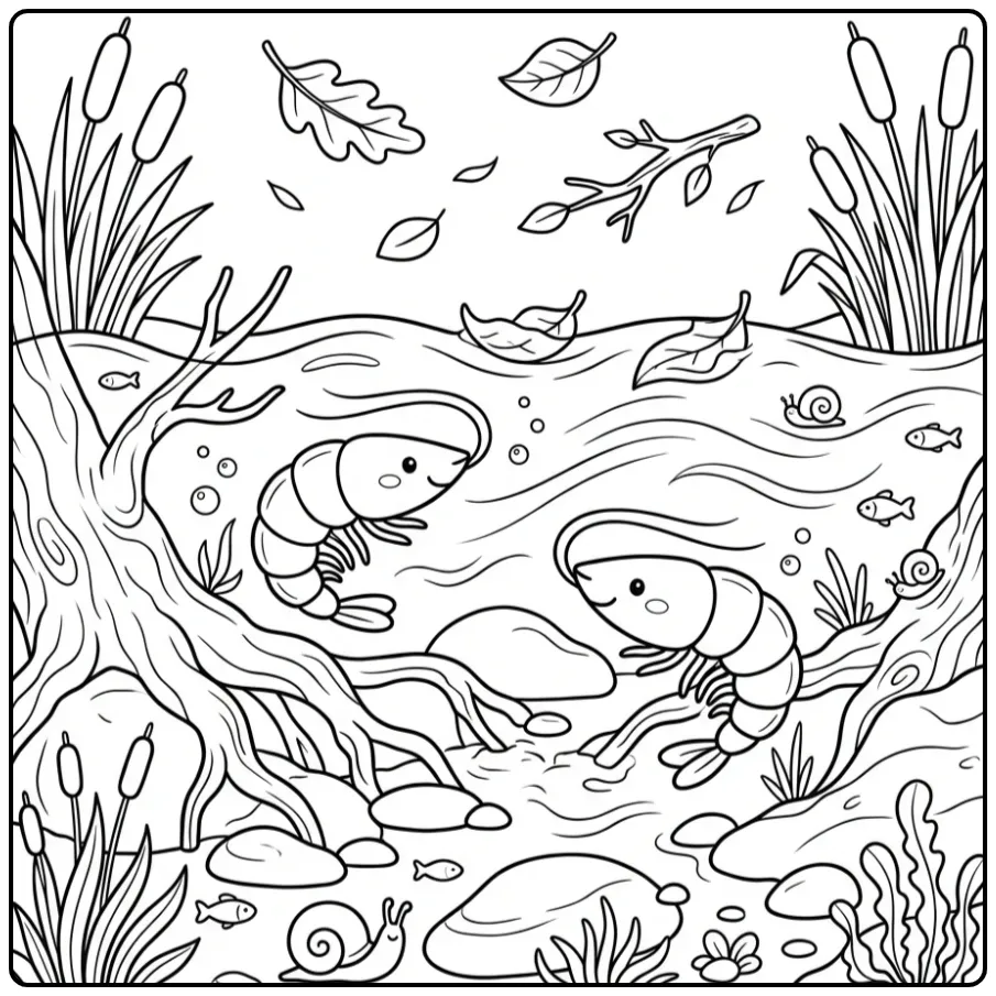 Leuke kleurplaat garnaal zwemmend tussen wortels en stenen.