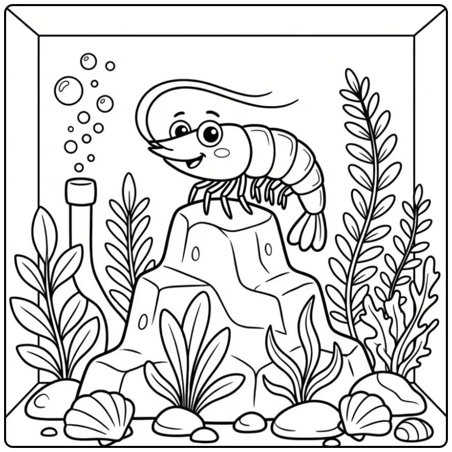 Vrolijke kleurplaat garnaal op een steen in het aquarium.