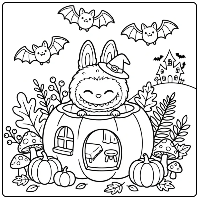 Een kleurplaat halloween labubu met vleermuizen en pompoenen