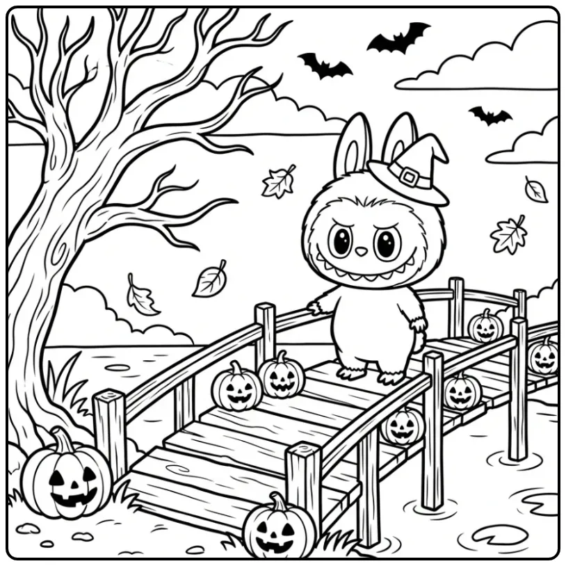 Een kleurplaat halloween labubu op een brug met pompoenen.