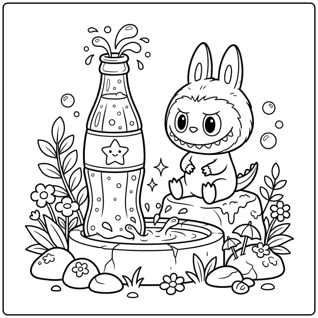 Kleurplaat labubu cola met bruisende fles en plantjes.