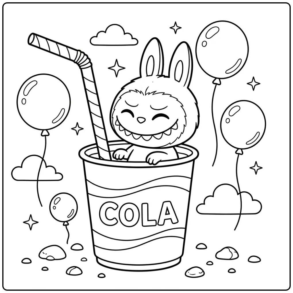 Een leuke kleurplaat labubu cola met rietje en bubbels.