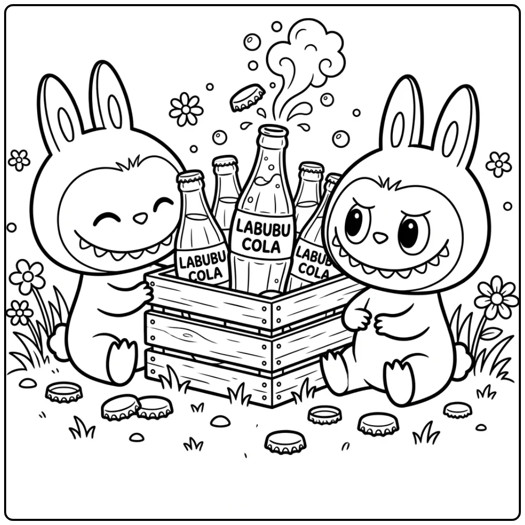 Vrolijke kleurplaat labubu cola met twee figuren en flesjes.