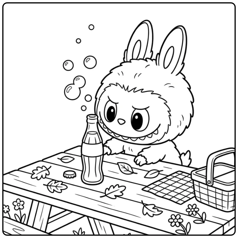 Een leuke kleurplaat labubu cola die aan een flesje ruikt.