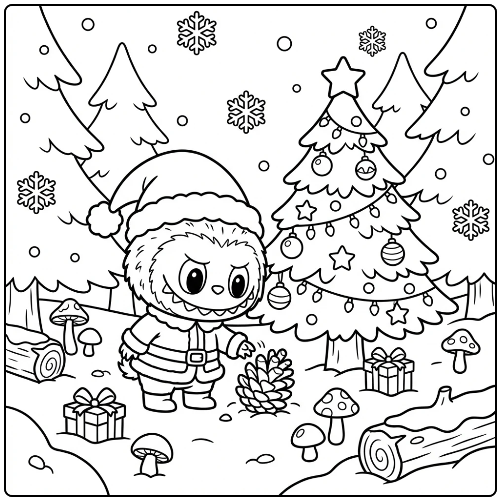 Leuke kleurplaat labubu kerst in een feestelijk haankostuum.