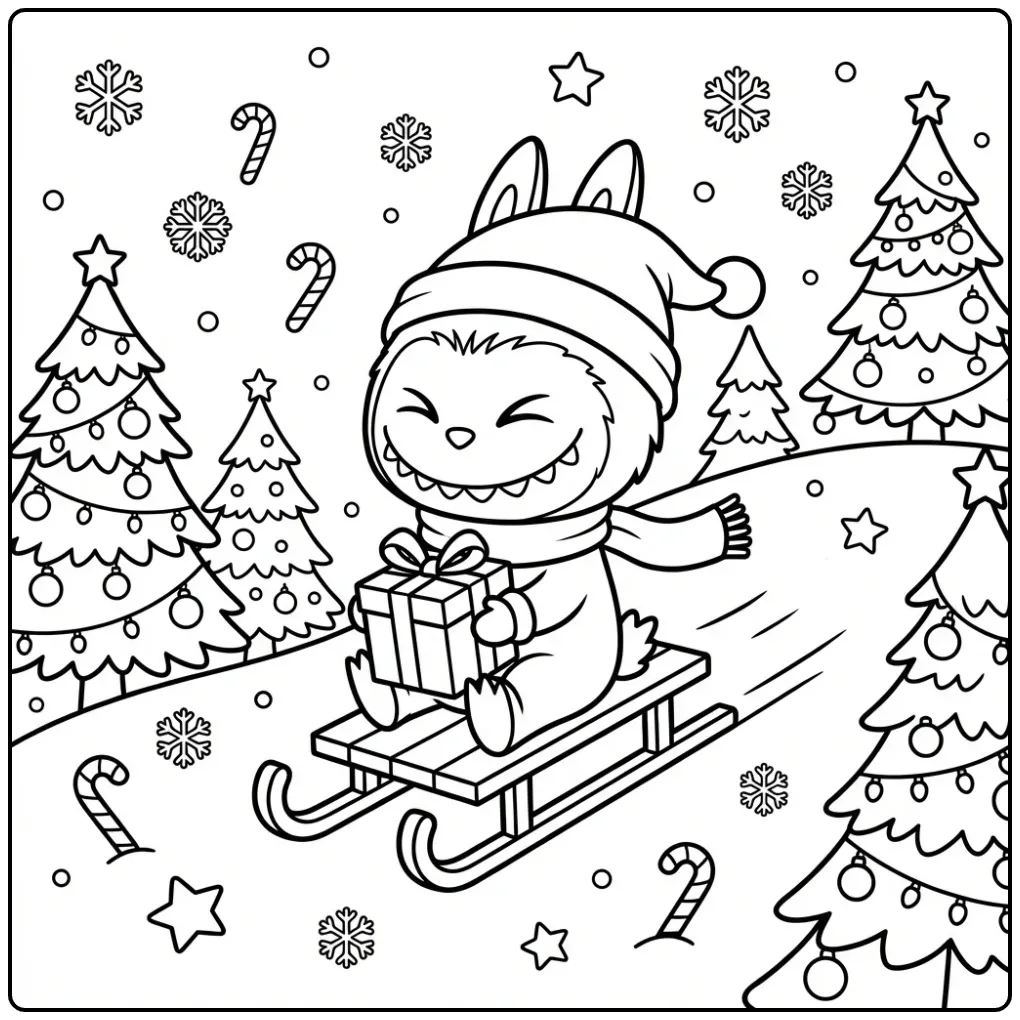 Vrolijke kleurplaat labubu kerst met sleeënd figuur en cadeau.