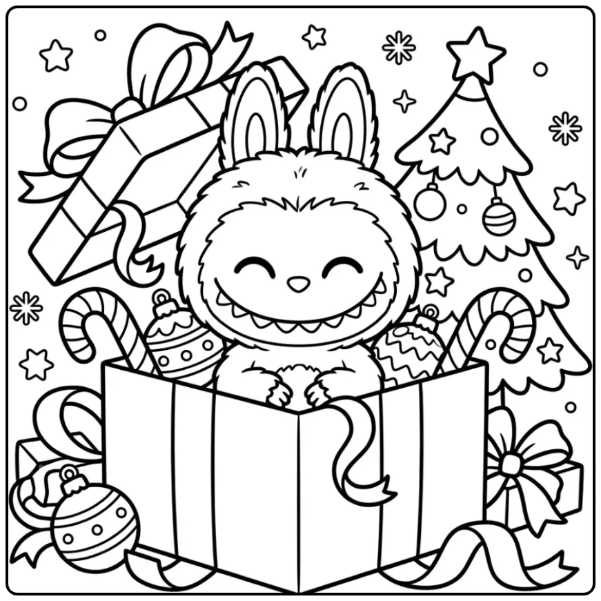 Feestelijke kleurplaat labubu kerst in een grote cadeaudoos.