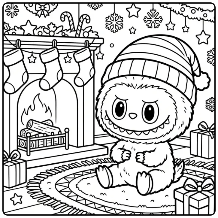 Kleurplaat labubu kerst zittend bij de open haard.