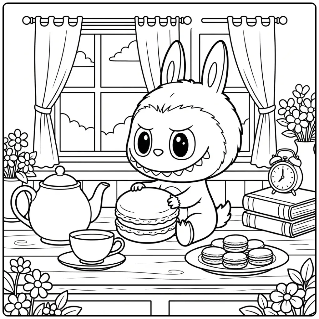 Vrolijke kleurplaat labubu macaron bij theepot en raam