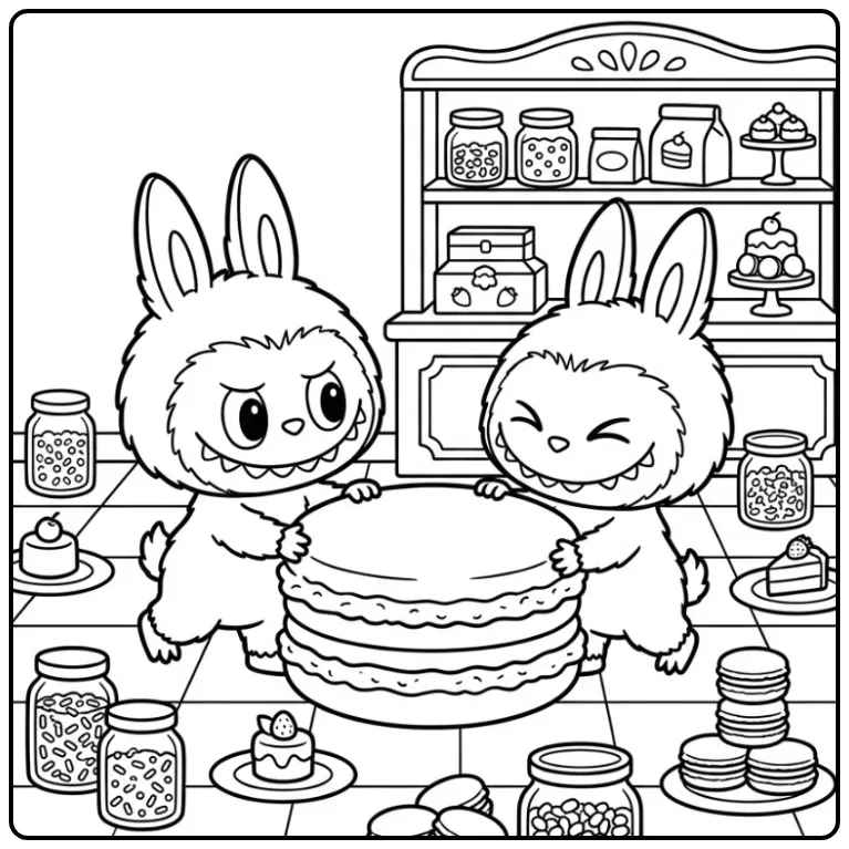 Vrolijke kleurplaat labubu macaron met een reuze koekje