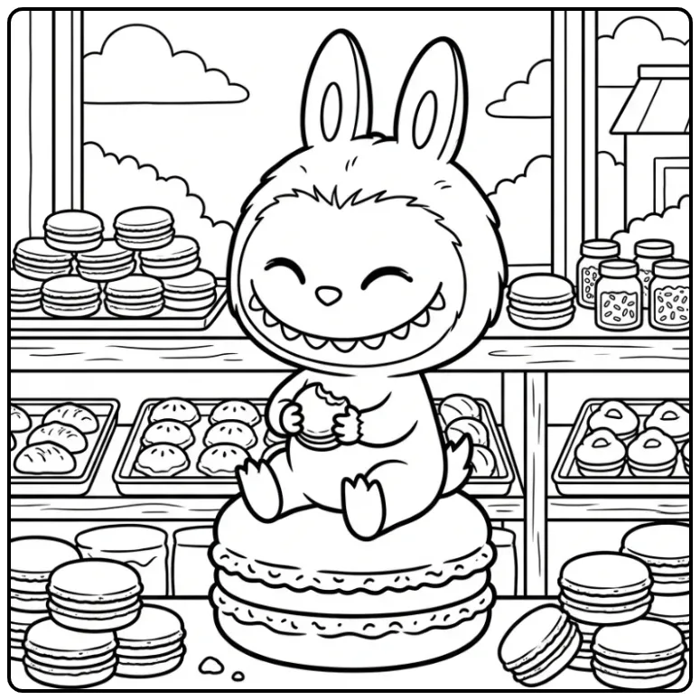 Vrolijke kleurplaat labubu macaron op een reuzenkoekje.