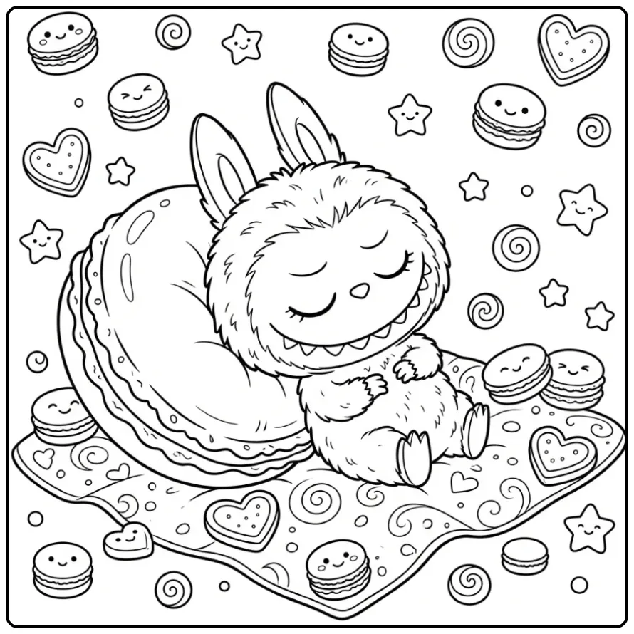 Slapende Labubu op een kleurplaat labubu macaron.