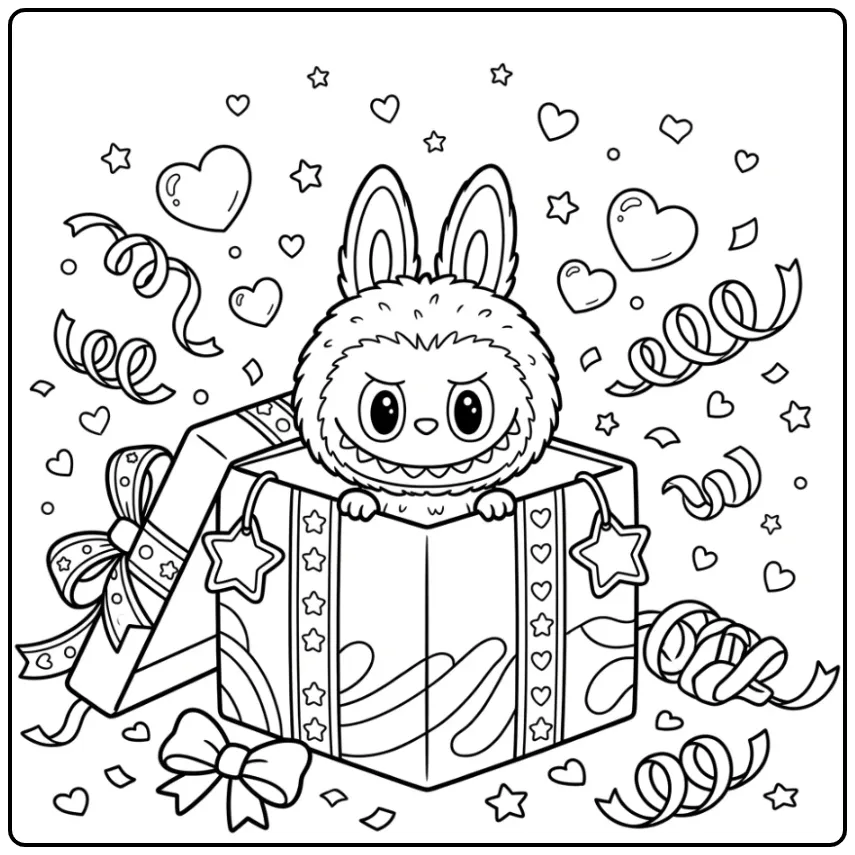 Kleurplaat labubu secret in een cadeaudoos met confetti.
