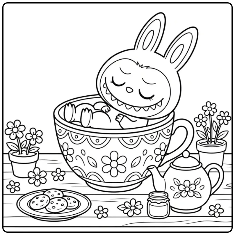 Slapende kleurplaat labubu secret verstopt in theekop.