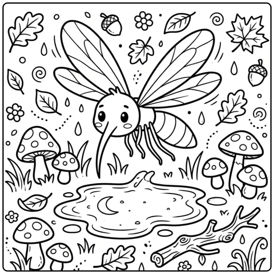 Vrolijke kleurplaat mug in een bos met paddenstoelen