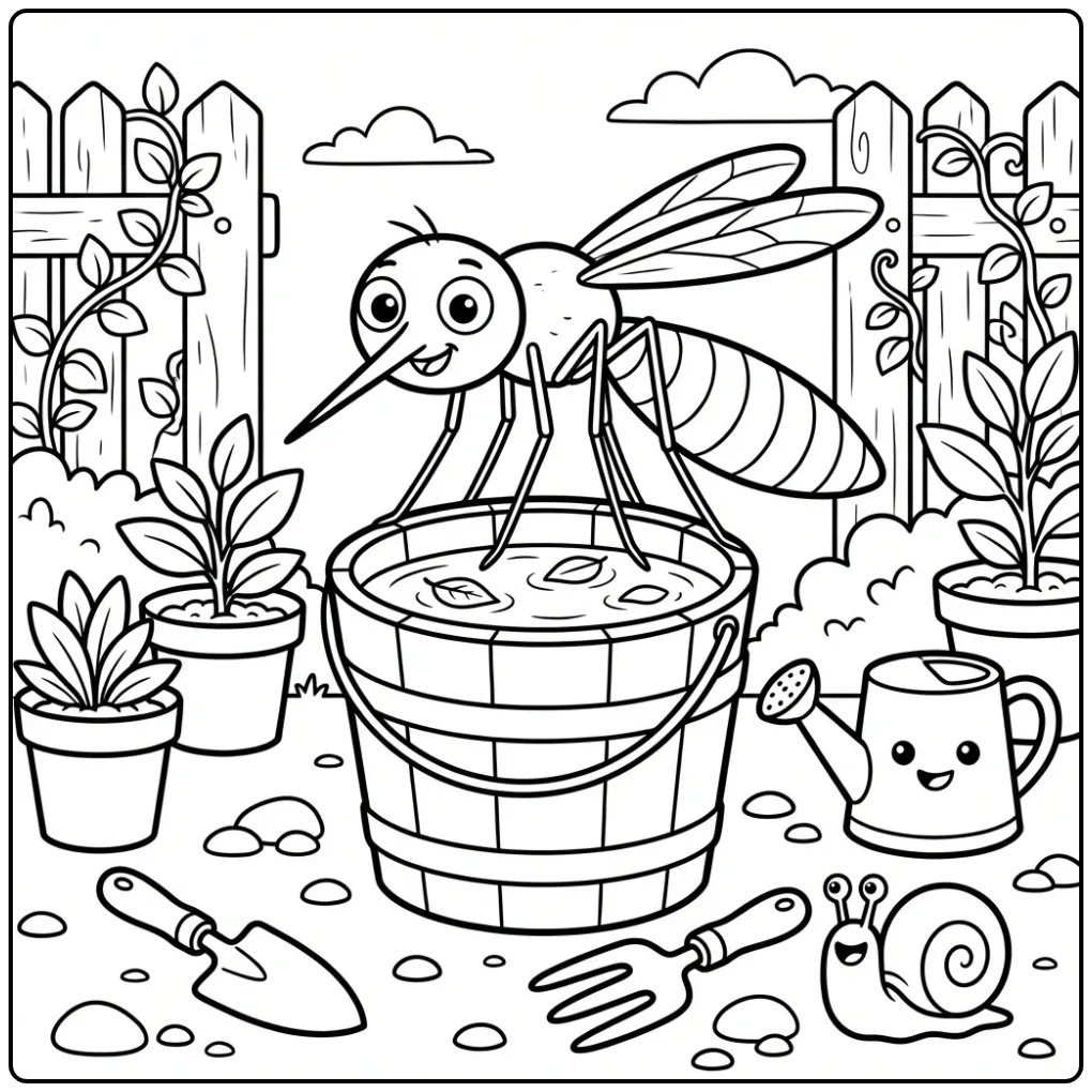 Een vrolijke cartoon kleurplaat mug op een emmer.